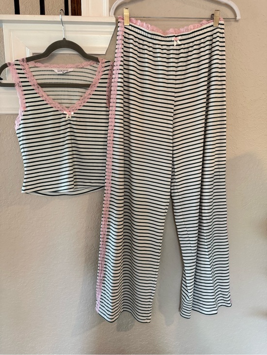 Lounge Other - Lounge Striped Pajama Set with Pink Lace Trim